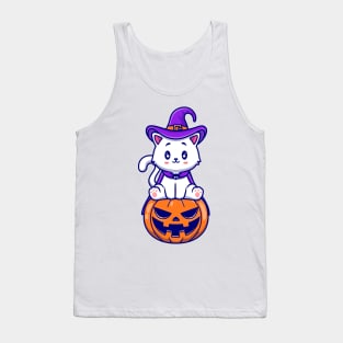 Cute Cat Witch Sitting On Pumpkin Cartoon Tank Top